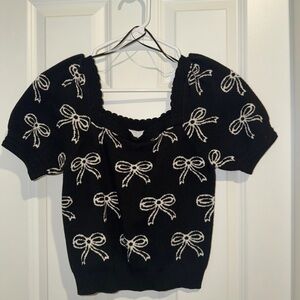 T.J.Maxx Black Crop Top with White Bow Pattern